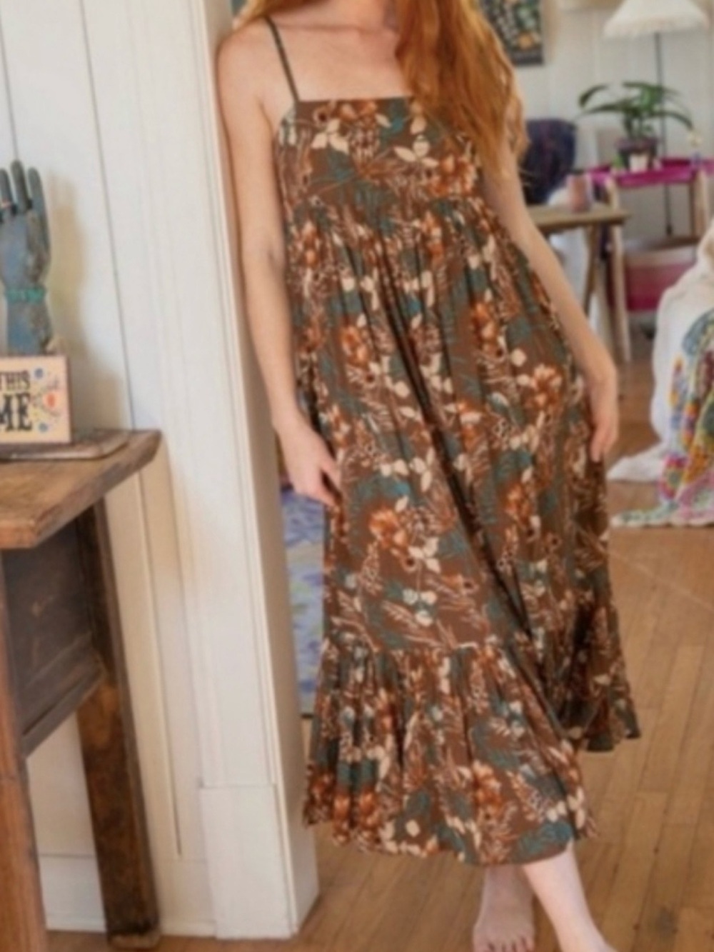 Natural Life Spaghetti Straps Ruffle Floral Long Maxi Dress Peasant Boho size XS